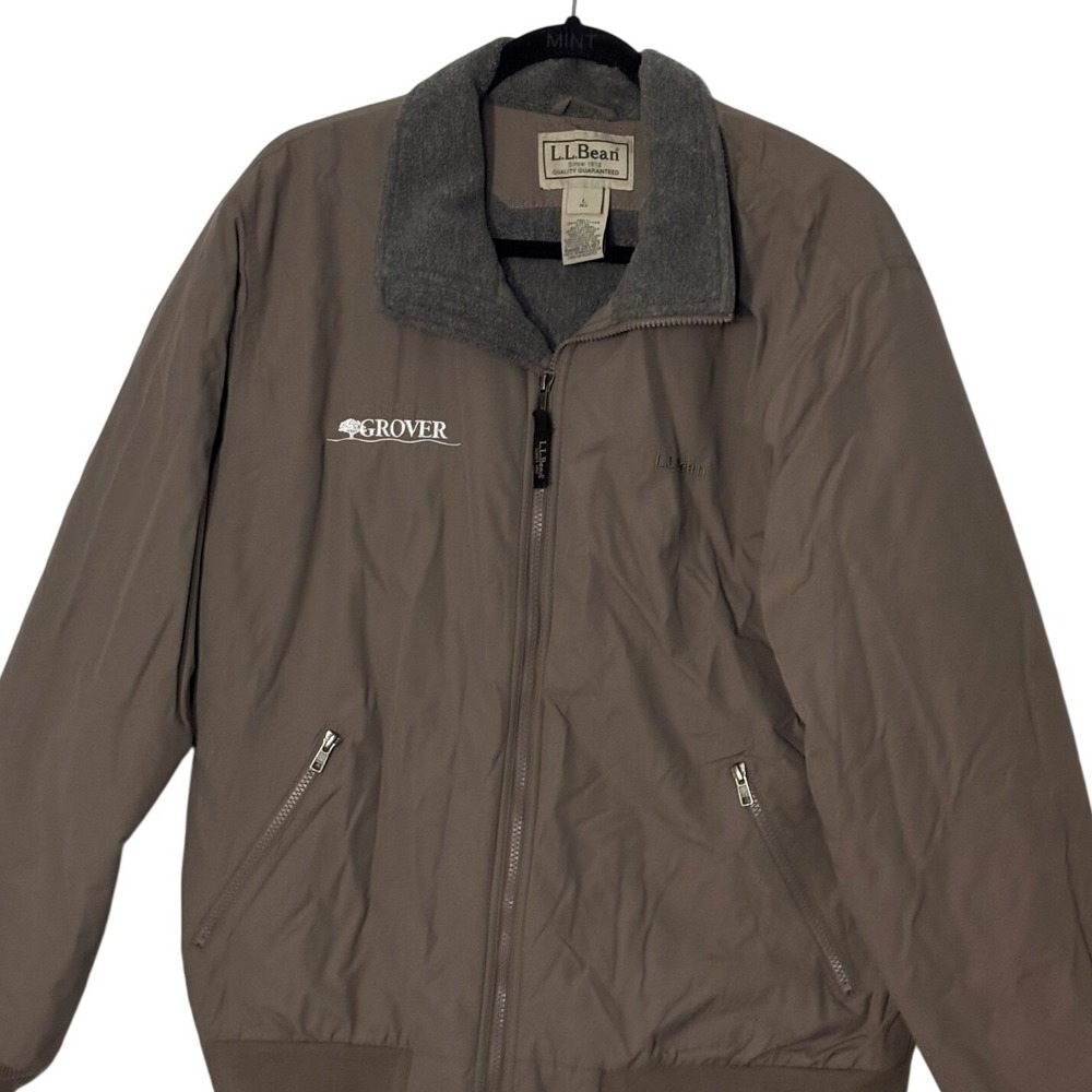 LL Bean Mens Warm-Up Jacket Large Taupe Brown‎ Fleece Lined Nylon Bomber 205107